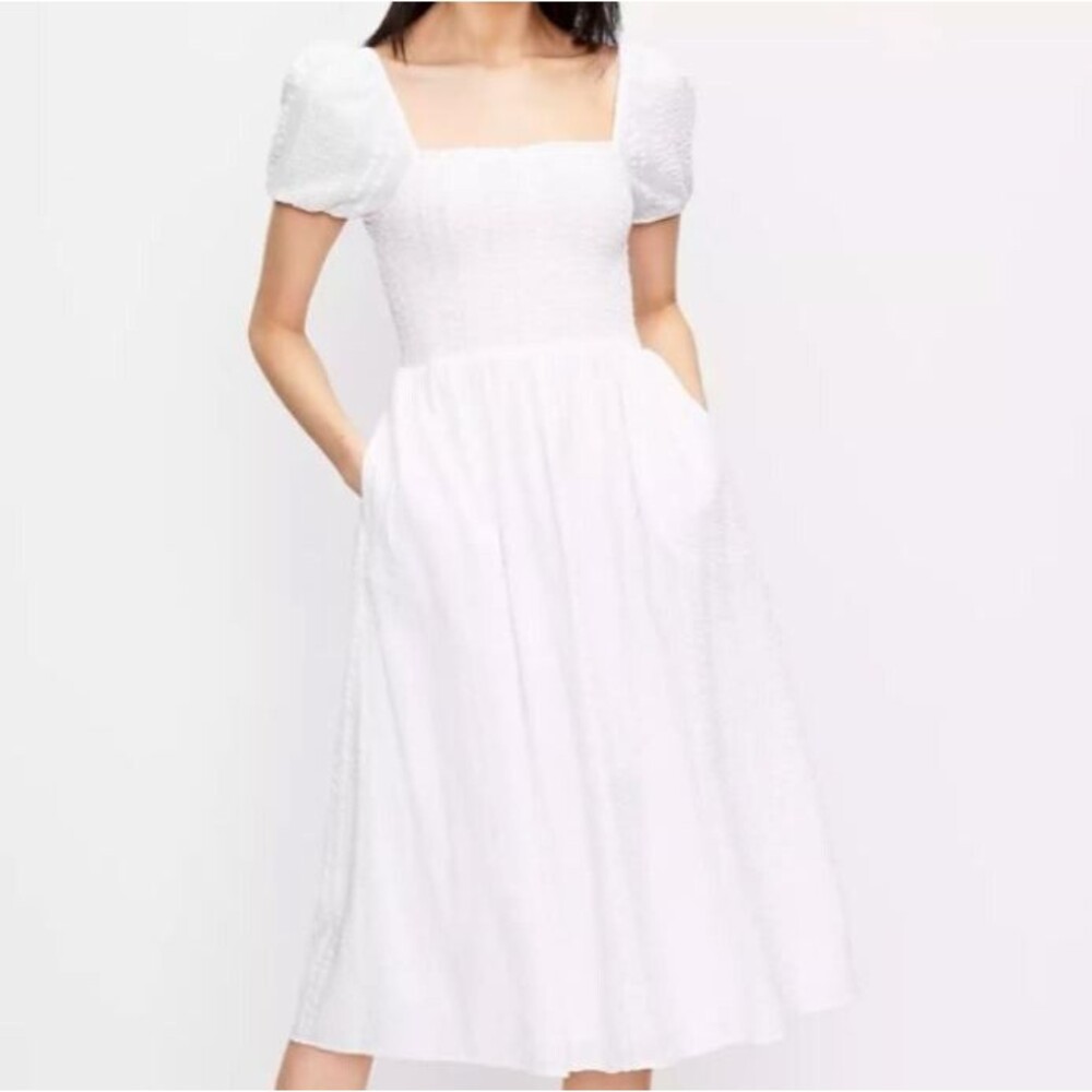 LOFT Women's Dress Floral Smocked Puff Sleeve Midi w/Pockets in White Size M
